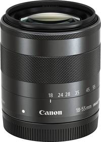 Canon EF-M 18-55 mm f/3.5-5.6 IS STM in schwarz von oben Canon EF-M 18-55 mm f/3.5-5.6 IS STM in schwarz von oben