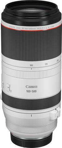 Canon RF 100-500 mm f/4.5-7.1 L ID USM in schwarz von schräg vorne Canon RF 100-500 mm f/4.5-7.1 L ID USM in schwarz von schräg vorne