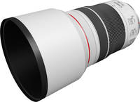 Canon RF 70-200 mm f/4.0 L IS USM in weiß mit Gegenlichtblende von schräg vorne links Canon RF 70-200 mm f/4.0 L IS USM in weiß mit Gegenlichtblende von schräg vorne links