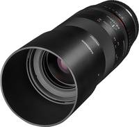 Samyang 100 mm F2.8 ED UMC Macro in schwarz mit Gegenlichtblende von schräg vorne links