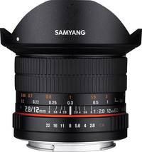 Samyang 12 mm F2.8 ED AS NCS Fisheye in schwarz mit Gegenlichtblende von oben