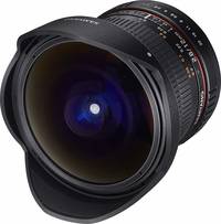 Samyang 12 mm F2.8 ED AS NCS Fisheye in schwarz mit Gegenlichtblende von vorne links