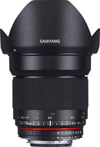 Samyang 16 mm F2.0 ED AS UMC CS in schwarz mit Gegenlichtblende von oben