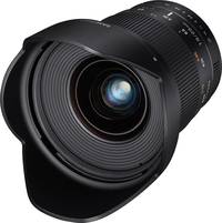 Samyang 20 mm F1.8 ED AS UMC in schwarz mit Gegenlichtblende von vorne links