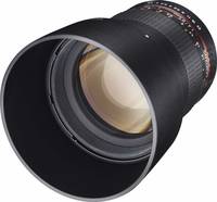Samyang 85 mm F1.4 AS IF UMC in schwarz mit Gegenlichtblende von schräg vorne links