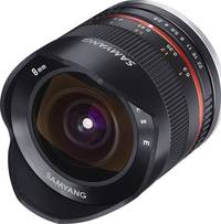 Samyang 8 mm F2.8 IF ED UMC CS II Fisheye in schwarz von schräg vorne links Samyang 8 mm F2.8 IF ED UMC CS II Fisheye in schwarz von schräg vorne links