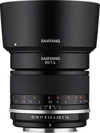 Samyang MF 85 mm F1.4 MK2 in schwarz mit Gegenlichtblende von oben
