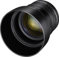 Samyang Premium MF XP 85 mm F1.2 in schwarz mit Gegenlichtblende von vorne links Samyang Premium MF XP 85 mm F1.2 in schwarz mit Gegenlichtblende von vorne links