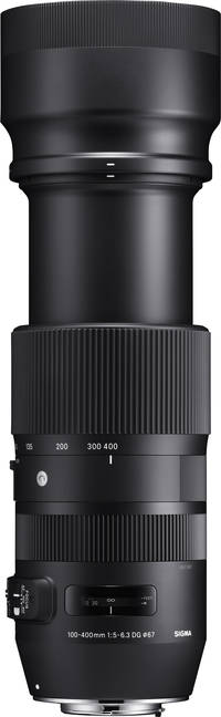 Sigma 100-400 mm F5-6.3 DG OS HSM Contemporary in schwarz mit Gegenlichtblende ausgefahren von oben