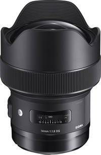 Sigma 14 mm F1.8 DG HSM Art in schwarz mit Gegenlichtbiende von schräg oben