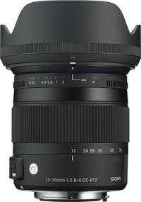 Sigma 17-70 mm F2.8-4 DC Makro OS HSM Contemporary in schwarz mit Gegenlichtblende von oben Sigma 17-70 mm F2.8-4 DC Makro OS HSM Contemporary in schwarz mit Gegenlichtblende von oben