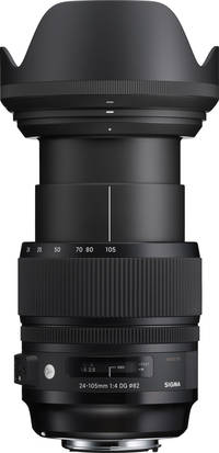 Sigma 24-105 mm F4 DG OS HSM Art in schwarz mit Gegenlichtblende ausgefahren von oben