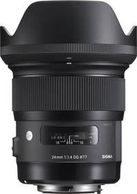 Sigma 24 mm F1.4 DG HSM Art in schwarz mit Gegenlichtblende von oben