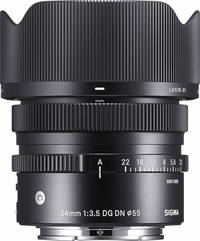 Sigma 24 mm F3.5 DG DN Contemporary in schwarz mit Gegenlichtblende von oben