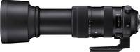 Sigma 60-600 mm F4.5-6.3 DG OS HSM Sports in schwarz mit Stativschelle und Gegenlichtblende ausgefahren von links