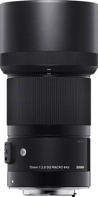 Sigma 70 mm F2.8 DG Macro Art in schwarz mit Gegenlichtblende von oben