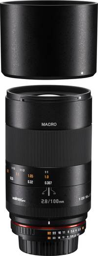 Walimex pro 100/2.8 Makro in schwarz mit Gegenlichtblende von oben Walimex pro 100/2.8 Makro in schwarz mit Gegenlichtblende von oben