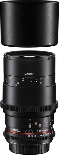 Walimex pro 100/3.1 Makro VDSLR in schwarz mit Gegenlichtblende von oben