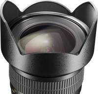 Walimex pro 10/2.8 in schwarz mit Gegenlichtblende von oben