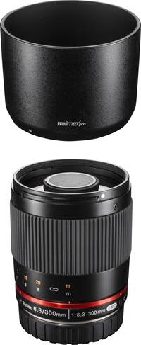 Walimex pro 300/6.3 in schwarz mit Gegenlichtblende von oben