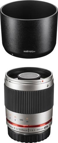 Walimex pro 300/6.3 in silber mit Gegenlichtblende von oben