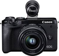 Canon EOS M6 Mark II in schwarz mit EF M 15-45mm und EVF von vorne