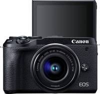 Canon EOS M6 Mark II in schwarz mit EF M 15-45mm und Klappdisplay von vorne
