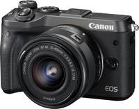 Canon EOS M6 in schwarz mit EF M15-45STM von vorne links Canon EOS M6 in schwarz mit EF M15-45STM von vorne links