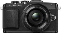 OM System PEN E-PL7 in schwarz mit 14-42 mm von vorne OM System PEN E-PL7 in schwarz mit 14-42 mm von vorne