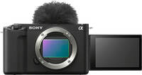 Sony Alpha ZV-E1 in schwarz mit Schwenkdisplay und Mikrofon von vorne