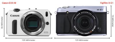 Größenvergleich: Canon EOS M vs. Fujifilm X-E1 Größenvergleich: Canon EOS M vs. Fujifilm X-E1