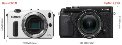 Größenvergleich: Canon EOS M vs. Fujifilm X-E2S Größenvergleich: Canon EOS M vs. Fujifilm X-E2S