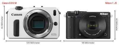 Größenvergleich: Canon EOS M vs. Nikon 1 J5 Größenvergleich: Canon EOS M vs. Nikon 1 J5