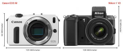 Größenvergleich: Canon EOS M vs. Nikon 1 V2 Größenvergleich: Canon EOS M vs. Nikon 1 V2
