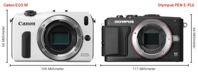 Größenvergleich: Canon EOS M vs. OM System PEN E-PL6 Größenvergleich: Canon EOS M vs. OM System PEN E-PL6