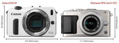 Größenvergleich: Canon EOS M vs. OM System PEN Lite E-PL5 Größenvergleich: Canon EOS M vs. OM System PEN Lite E-PL5