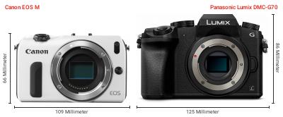 Größenvergleich: Canon EOS M vs. Panasonic Lumix DMC-G70 Größenvergleich: Canon EOS M vs. Panasonic Lumix DMC-G70