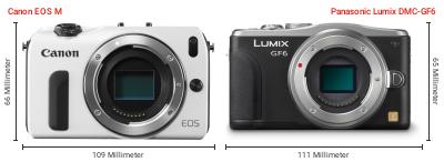 Größenvergleich: Canon EOS M vs. Panasonic Lumix DMC-GF6 Größenvergleich: Canon EOS M vs. Panasonic Lumix DMC-GF6