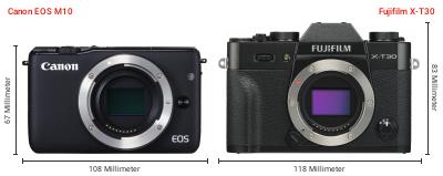 Größenvergleich: Canon EOS M10 vs. Fujifilm X-T30 Größenvergleich: Canon EOS M10 vs. Fujifilm X-T30