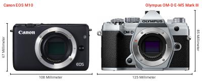 Größenvergleich: Canon EOS M10 vs. OM System OM-D E-M5 Mark III Größenvergleich: Canon EOS M10 vs. OM System OM-D E-M5 Mark III