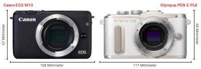 Größenvergleich: Canon EOS M10 vs. OM System PEN E-PL8 Größenvergleich: Canon EOS M10 vs. OM System PEN E-PL8