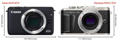 Größenvergleich: Canon EOS M10 vs. OM System PEN E-PL9 Größenvergleich: Canon EOS M10 vs. OM System PEN E-PL9