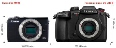 Größenvergleich: Canon EOS M100 vs. Panasonic Lumix DC-GH5 II Größenvergleich: Canon EOS M100 vs. Panasonic Lumix DC-GH5 II