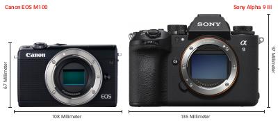 Größenvergleich: Canon EOS M100 vs. Sony Alpha 9 III Größenvergleich: Canon EOS M100 vs. Sony Alpha 9 III