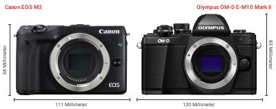 Größenvergleich: Canon EOS M3 vs. OM System OM-D E-M10 Mark II Größenvergleich: Canon EOS M3 vs. OM System OM-D E-M10 Mark II