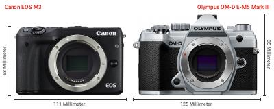Größenvergleich: Canon EOS M3 vs. OM System OM-D E-M5 Mark III Größenvergleich: Canon EOS M3 vs. OM System OM-D E-M5 Mark III