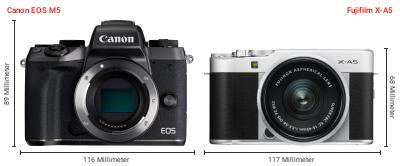 Größenvergleich: Canon EOS M5 vs. Fujifilm X-A5 Größenvergleich: Canon EOS M5 vs. Fujifilm X-A5