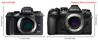 Größenvergleich: Canon EOS M5 vs. OM System OM-D E-M1 Mark II Größenvergleich: Canon EOS M5 vs. OM System OM-D E-M1 Mark II