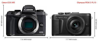 Größenvergleich: Canon EOS M5 vs. OM System PEN E-PL10 Größenvergleich: Canon EOS M5 vs. OM System PEN E-PL10