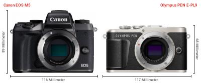 Größenvergleich: Canon EOS M5 vs. OM System PEN E-PL9 Größenvergleich: Canon EOS M5 vs. OM System PEN E-PL9